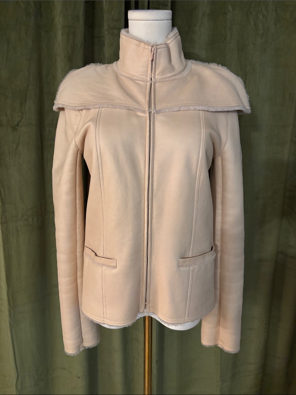 CHANEL Cream Shearling Zip Leather Jacket, US4